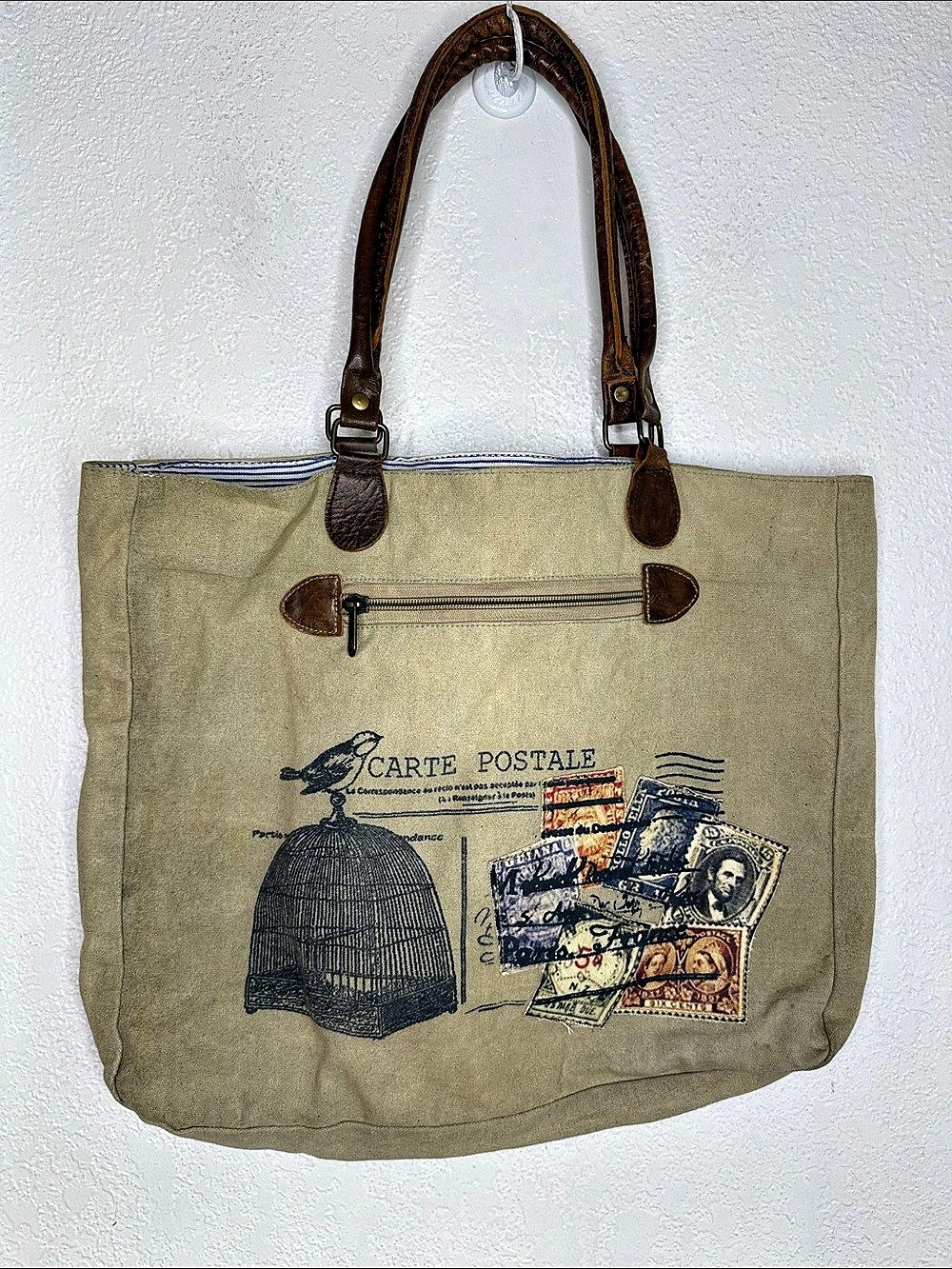 Carte Postal Canvas Graphic Tote Bag Beige Brown leather handles